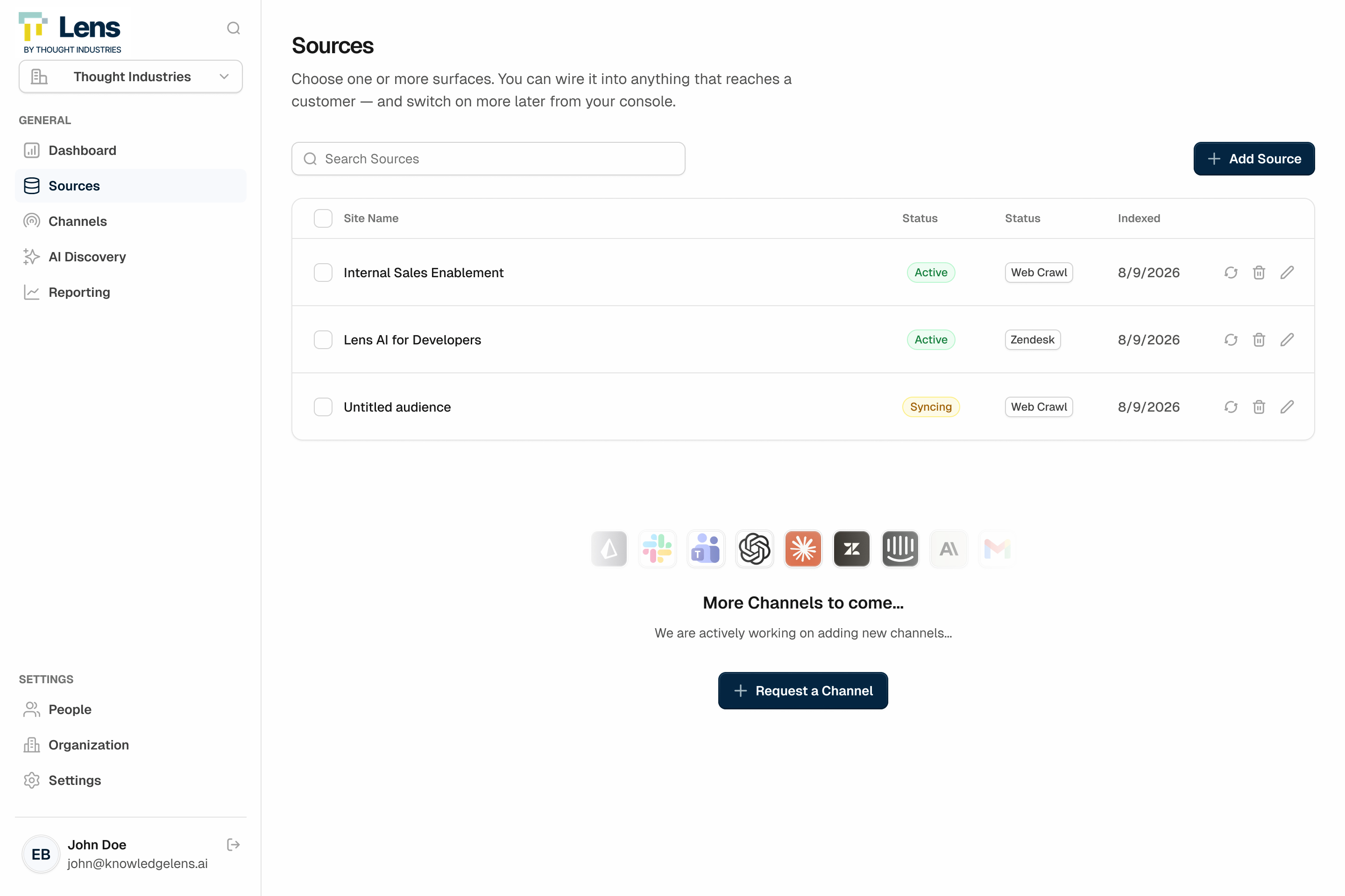 Lens AI sources dashboard